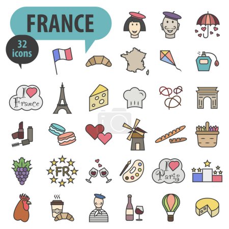 Ilustración de Bienvenido a Francia. Iconos vectoriales de color sobre Francia con trazos. Lugares de interés de Francia EPS 10. - Imagen libre de derechos