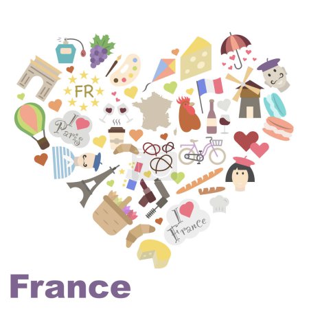 Ilustración de Bienvenido a Francia. Iconos vectoriales de color sobre Francia en forma de corazón. Lugares de interés de Francia EPS 10. - Imagen libre de derechos