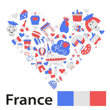 Sights of France in the colors of the French flag. Welcome to France. Vector icons about France. EPS 10.