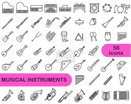 Téléchargez les illustrations : Un ensemble simple d'instruments de musique en ligne mince. Images de différents instruments de musique. SPE 10. - en licence libre de droit