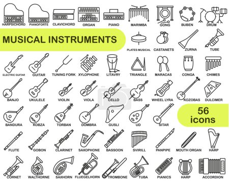 Téléchargez les illustrations : Ensemble d'instruments de musique en ligne mince. Images de différents instruments de musique avec des noms. SPE 10. - en licence libre de droit