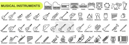 Téléchargez les illustrations : Images de différents instruments de musique avec des noms. Ensemble d'instruments de musique en ligne mince. SPE 10. - en licence libre de droit