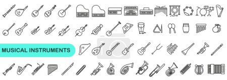 Bilder von verschiedenen Musikinstrumenten. Eine einfache Reihe von Musikinstrumenten in einer schmalen Linie. EPS 10.