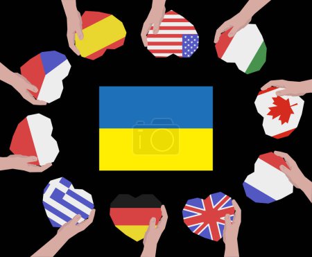 Eine große Anzahl von Händen mit unterschiedlichen Flaggen. Helft der Ukraine gegen den Krieg. Symbol für die Hilfe der Länder. EPS 10.