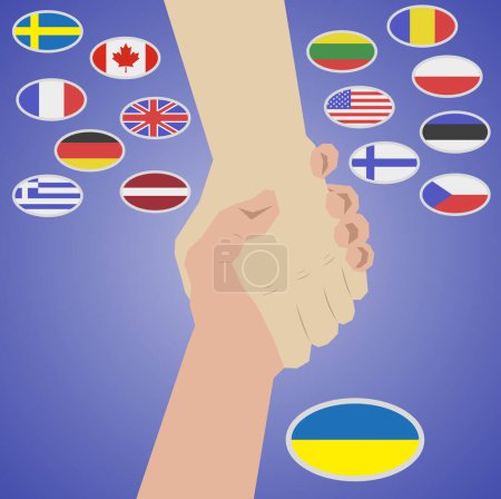 Symbol für die Hilfe der Länder. Helft der Ukraine gegen den Krieg. Hand in Hand mit verschiedenen Flaggen. EPS 10.