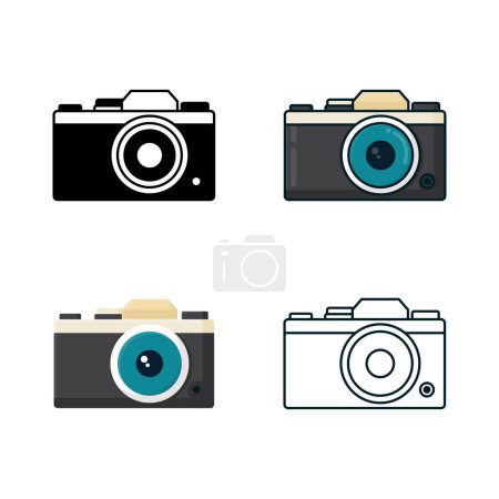 Téléchargez les illustrations : Ensemble d'icônes de caméra sans miroir, dessin animé plat style minimaliste simple, isolé par fond blanc - en licence libre de droit