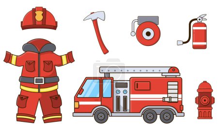 Ilustración de Ilustración de conjunto de equipos de bomberos vector gráfico lindo estilo de dibujos animados aislado fondo blanco. - Imagen libre de derechos