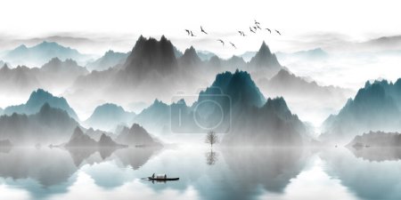 Photo for There are river boats in the mountains of clouds and mist - Royalty Free Image