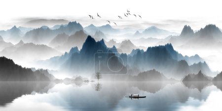 Photo for There are river boats in the mountains of clouds and mist - Royalty Free Image