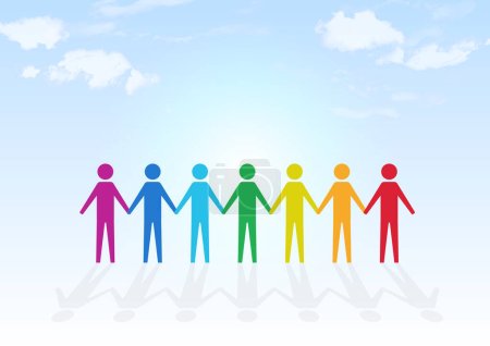 Illustration for Rainbow colored people holding hands and sky background - Royalty Free Image