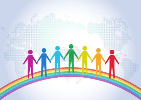 Ilustración de Fondo del mapa del mundo con arco iris y personas cogidas de la mano - Imagen libre de derechos