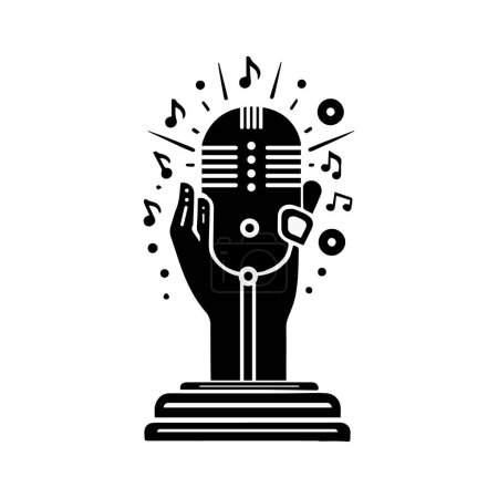 Illustration for A black and white silhouette of a microphone is displayed on a stand - Royalty Free Image