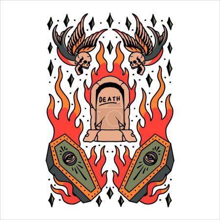 Téléchargez les illustrations : Pierres tombales brûlantes avec cercueils en feu et hirondelles avec crânes, illustration vectorielle de tatouage - en licence libre de droit