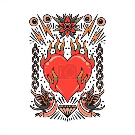 Ilustración de Burning corazón tatuaje vector ilustración con golondrinas, ojos, diamante y otros elementos tradicionales sobre fondo blanco - Imagen libre de derechos