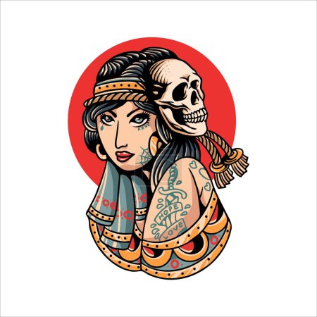Ilustración de Tatuaje vectorial dibujado a mano con dama y cráneo en estilo tradicional sobre fondo blanco con círculo rojo - Imagen libre de derechos