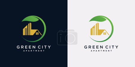 Illustration for Green city building logo design template with leaf element and creative concept - Royalty Free Image