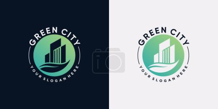 Illustration for Green city building logo design template with leaf element and creative concept - Royalty Free Image