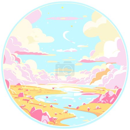 Illustration for Graphic illustrated Clouds sky on desert oasis river golden land sands fairy tale fantasy vector - Royalty Free Image