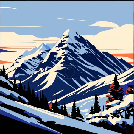 Téléchargez les illustrations : Graphique illustré Hiver nuit temps neigeux montagnes haut paysage vecteur - en licence libre de droit