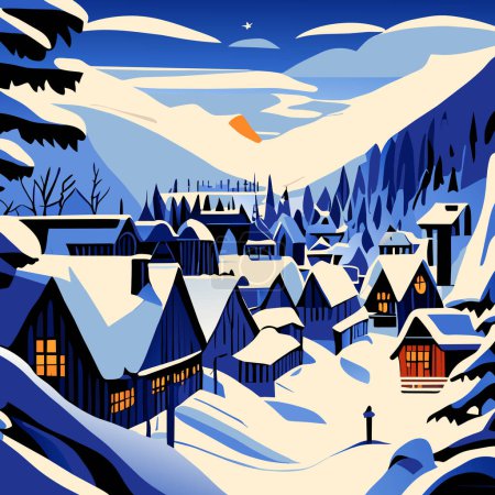 Illustration for Graphic illustrated Winter night time snow village rural cozy town vector - Royalty Free Image