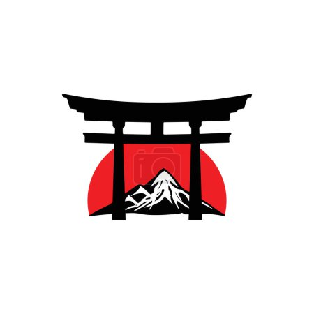 Ilustración de Ilustración vectorial de la bandera japonesa con la puerta torii del santuario de Itsukushima y monte fuji. - Imagen libre de derechos