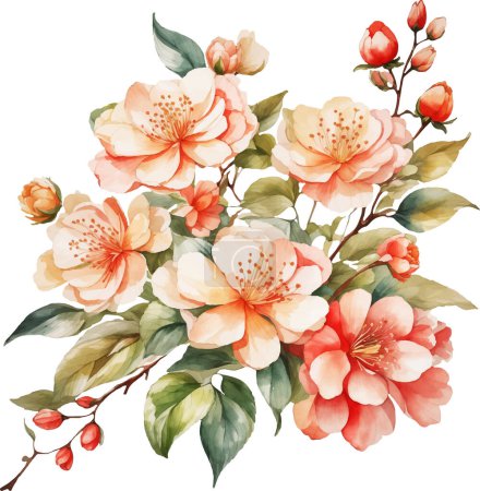 Téléchargez les illustrations : Aquarelle Japonica Fleur, Japonica Fleur, Aquarelle Fleur, vecteur de fleurs - en licence libre de droit