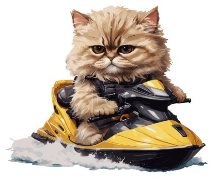un lindo gato persa usando un traje de neopreno conduciendo una moto acuática