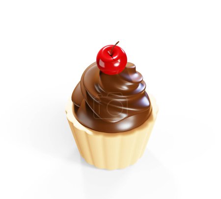 Téléchargez les photos : Chocolat cupcake glaçage et fraise sur rendu 3d - en image libre de droit