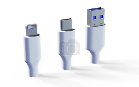 USB-C Ladedatenkabel, Typ C Stecker. 3D-Rendering isoliert auf weißem Hintergrund