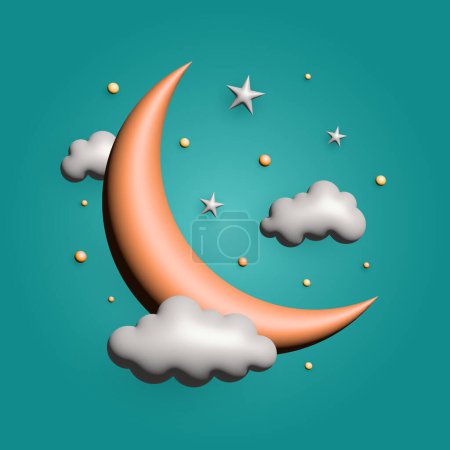 A vector Ramadan 3D crescent moon with stars and clouds on the green gradient background