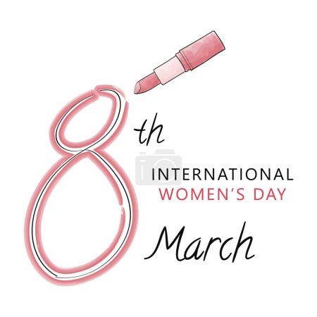 Banner for International Women's Day March 8 with a red lipstick, number eight and white background, a doodle art vector