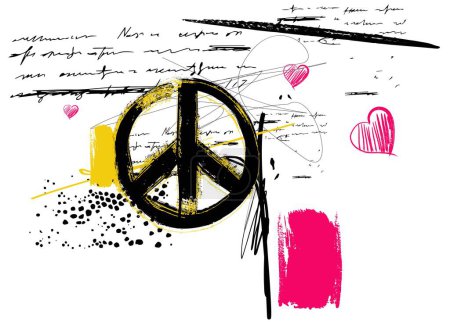 Ilustración de Símbolo hippie paz, tipografía urbana hipster street art eslogan graffiti, vector de fondo grunge paz, grunge círculo pincel aislado sobre fondo blanco para camiseta gráfica o sudadera - Imagen libre de derechos
