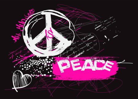 Ilustración de Símbolo hippie paz, tipografía urbana hipster street art eslogan graffiti, vector de paz grunge fondo, grunge círculo pincel aislado sobre fondo blanco para gráfico camiseta - Imagen libre de derechos