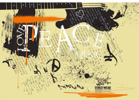 Ilustración de Peace love and music, Urban typography hipster street art graffiti slogan, vector peace grunge background, Vector grunge for graphic  t shirt or sweatshirt, poster - Imagen libre de derechos