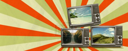 Travel On TV Retro Style. Vintage Creative Art Collage. Abstract Waves. Texture Background Copy Space Post Poster Card Flyer Banner. Beautiful Landscape Photo. Resot Vacation Holidays Trip Weekend