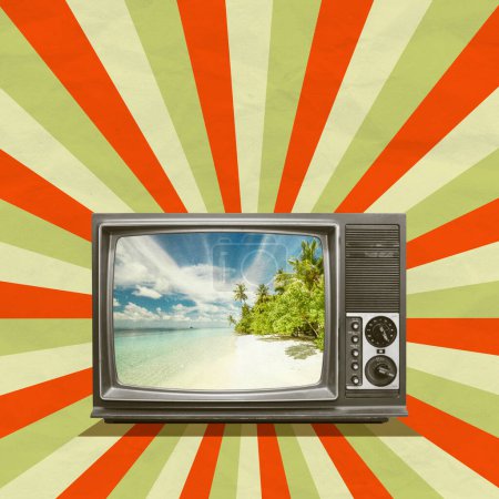 Travel On TV Retro Style. Vintage Creative Art Collage. Abstract Waves. Texture Background Copy Space Post Poster Card Flyer Banner. Beautiful Landscape Photo. Resot Vacation Holidays Trip Weekend