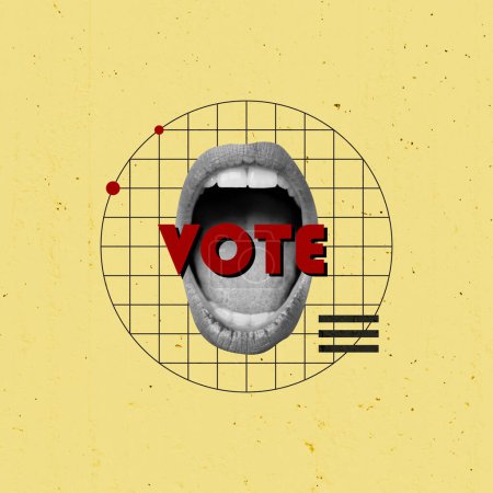 Propaganda Concept Art. Creative Art Collage. Open Mouth Scream. Retro Vintage Color. Geometric Line Grid Abstract. Yellow Texture Background Copyspace Poster Banner Flyer Stories Postcard Placard New