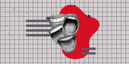 Geometric Creative Art Collage. Speaking Concept Artwork. Textured Background. Copy Space Design. Business Man Speaker. Screaming Mouth. Retro Vintage Colors. Advertismet Design. Flyer Banner Poster.