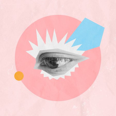 Eye Surreal Art Collage. Creative Artwork. Textured Background. Copy Space For Your Text. Advertis,ent Design. Banner Idea. Pink Colors.