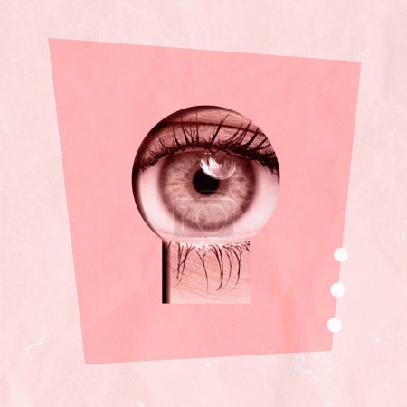 Eye Surreal Art Collage. Creative Artwork. Textured Background. Copy Space For Your Text. Advertis,ent Design. Banner Idea. Pink Colors.
