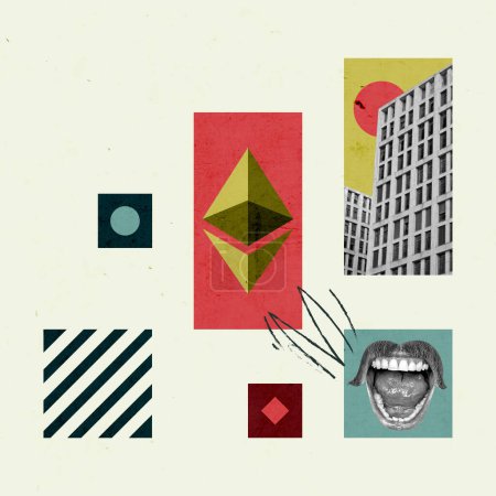 Téléchargez les photos : Crypto Monnaie Concept Art Créatif Collage Affiche Carte postale Texture moderne Arrière-plan Espace de copie - en image libre de droit