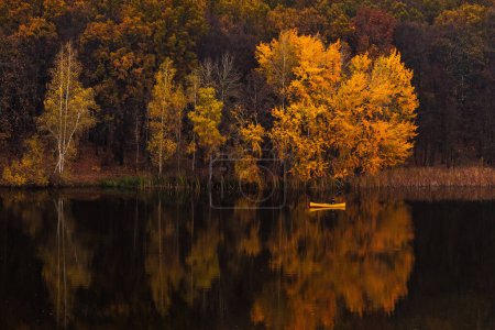 Foto de Hombre en barco amarillo en el río en otoño dorado, hermosa naturaleza con coloridos árboles amarillos y reflejos en el agua. Naturaleza pacífica, Ucrania. - Imagen libre de derechos