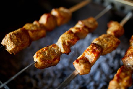 Skewers of kebabs cook over the hot coals of a barbecue grill in a home backyard setting, highlighting a summer culinary tradition.