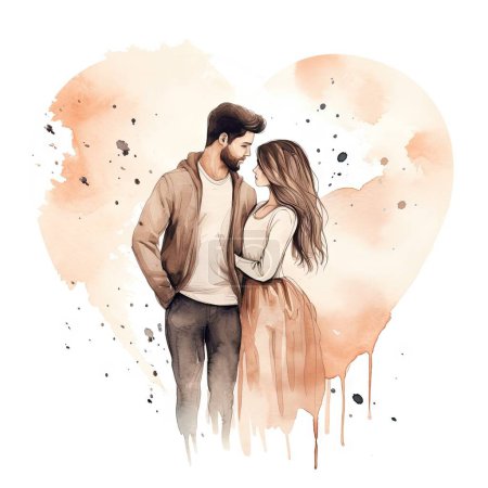 Photo for Watercolor hand drawn trendy cartoon couple in neutral pastel tones, rustic, minimal clean cottagecore, white isolated background - Royalty Free Image