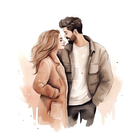 Photo for Watercolor hand drawn trendy cartoon couple in neutral pastel tones, rustic, minimal clean cottagecore, white isolated background - Royalty Free Image
