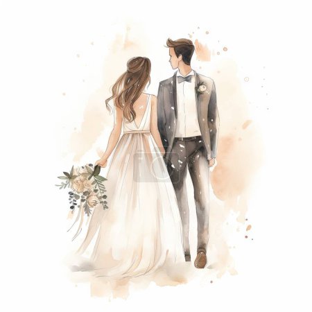 Illustration for Formal wear, clothing, dress, fashion, gown, wedding, wedding gown, art, person, drawing, adult, bridegroom, male, man, figurine, book, comics, publication, suit, textile, pantsuit, occasion, human being, event, environment, object, technology, cerem - Royalty Free Image
