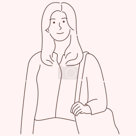 Illustration for Smiling Girl with Left-sided Bag Gazing Forward line version - Royalty Free Image