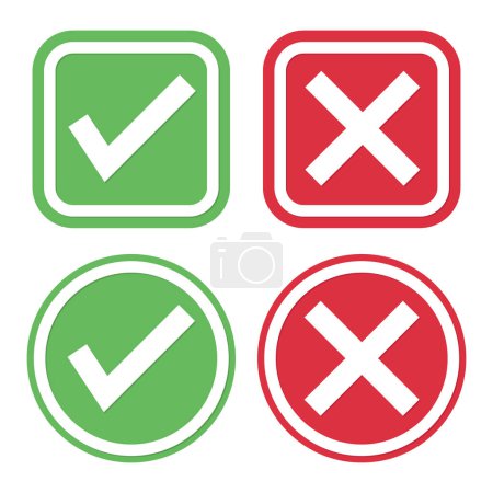 Ilustración de Check Mark Box Icono, Verde Sí Y Rojo No Signo, Tickmark Símbolo correcto e incorrecto, Check Mark Stickers Set, Cruz, Botón aprobado y botón de rechazo, Conjunto de ilustración de vectores de botón brillante - Imagen libre de derechos
