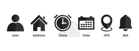 Illustration for Clock Time Icon, Home Address Button, Pin Location Place, Bell Notification Reminder Icon, Date Calendar Symbol, Profile, Business Icon Set, User Interface, Official Hours, Deadline Design Elements - Royalty Free Image