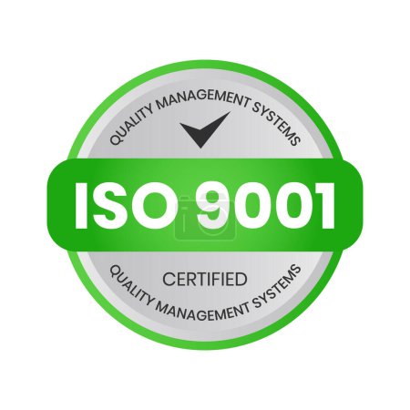 Ilustración de Sello de goma certificado ISO 9001, insignia, etiqueta, logotipo, vector estándar QMS, emblema aprobado por los sistemas internacionales de gestión de calidad con marca de verificación, ilustración de vectores de elementos de diseño empresarial - Imagen libre de derechos
